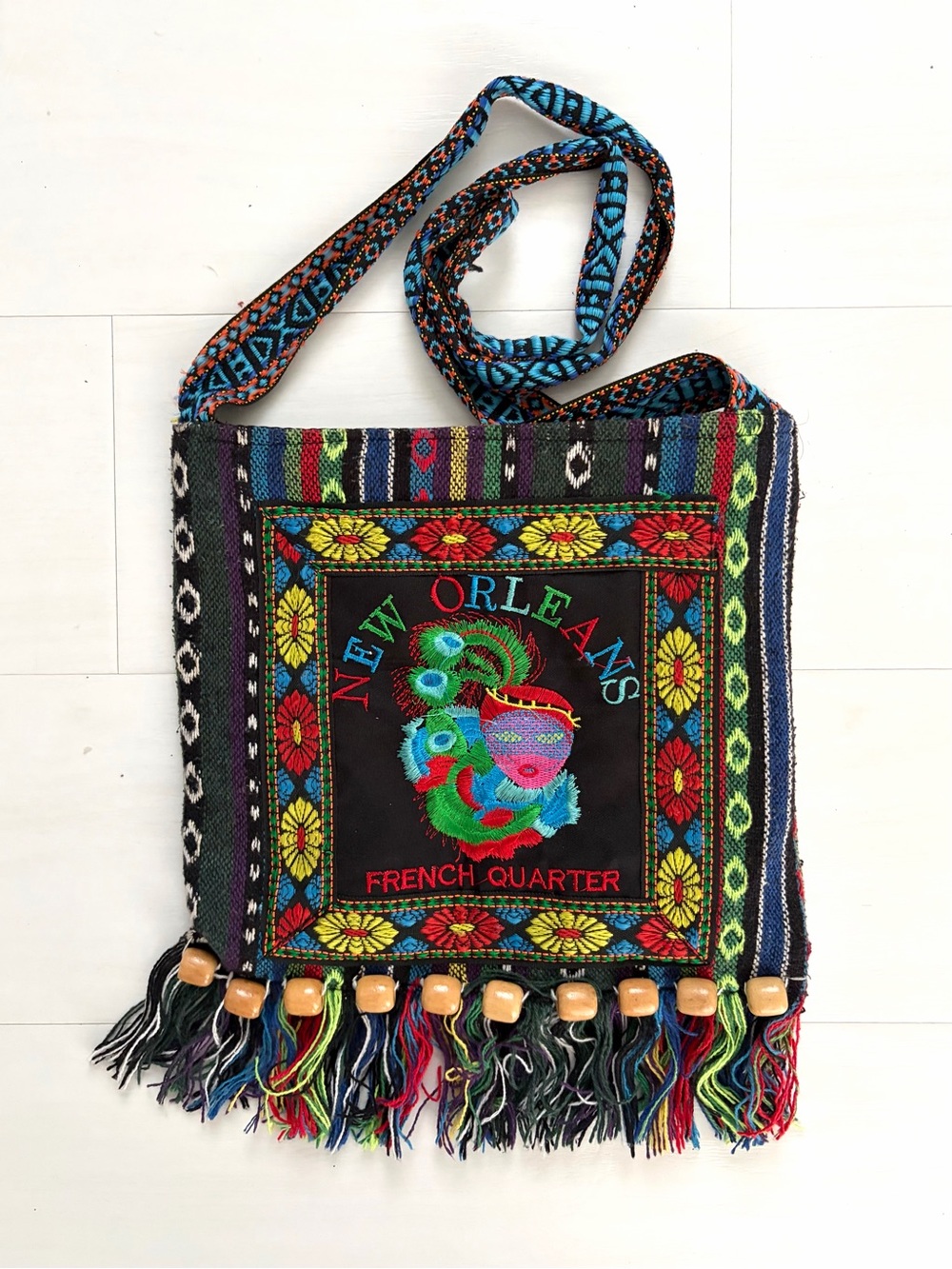 New Orleans French Quarter Colorful Embroidered Sling Crossbody Bag Boho Artsy